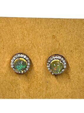 Genuine opal halo earrings, sterling silver, plastic disc back closure dainty
